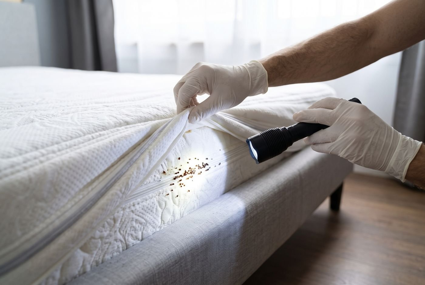 Technicien inspectant un matelas à la lampe